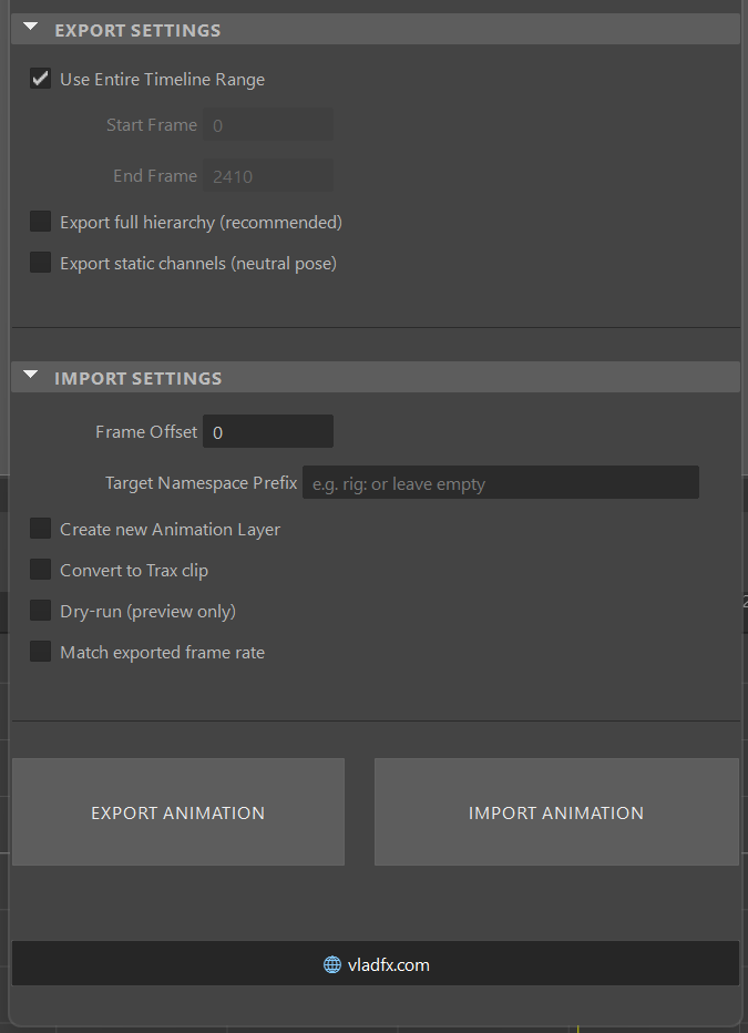 Vladfx Animation Transfer v3.3 UI -- dark themed Maya tool window with Export and Import sections